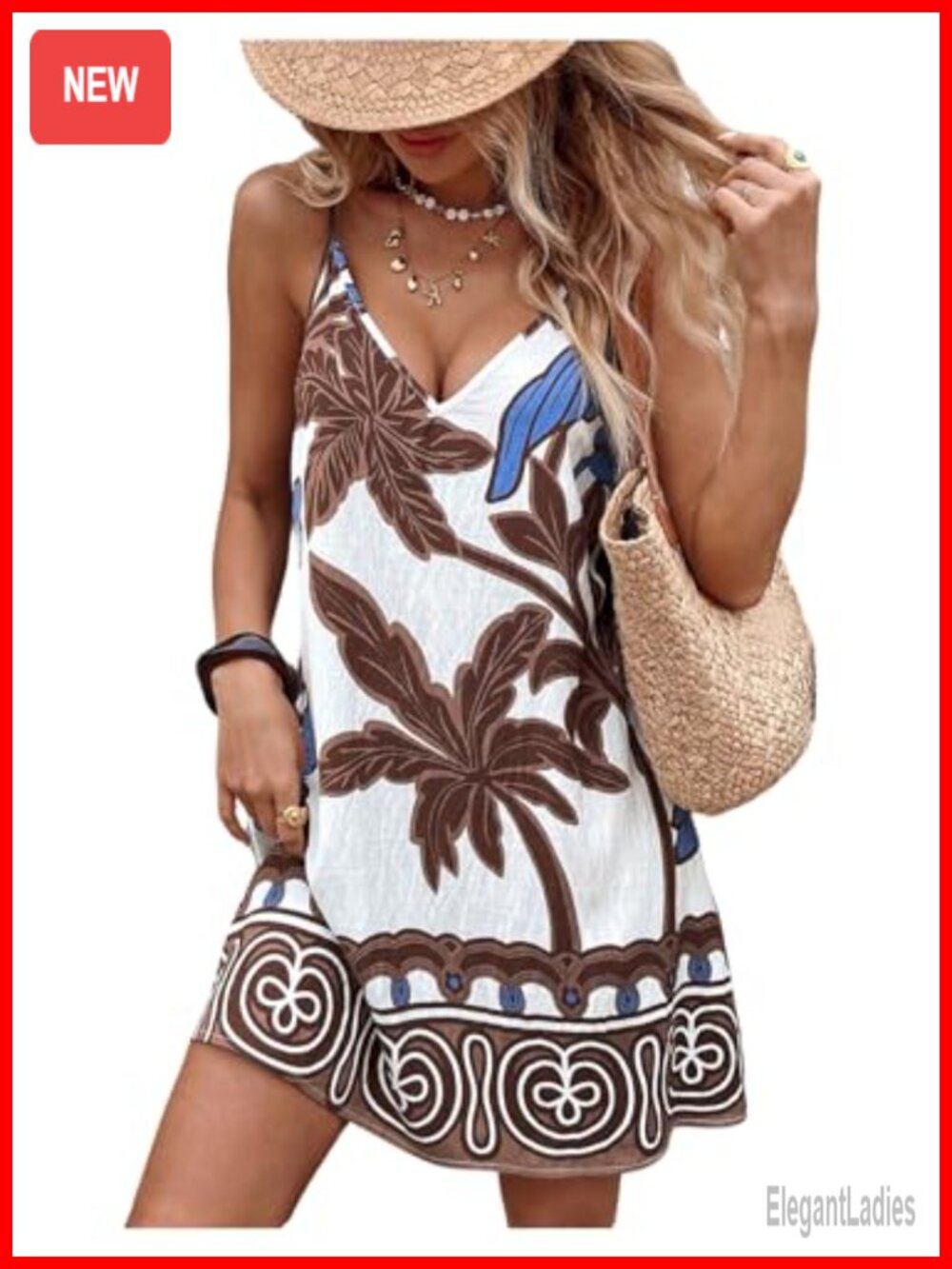 Boho Printed Spaghetti Strap Cami Mini Dress, V-Neck, Sleeveless, Rayon, Summer